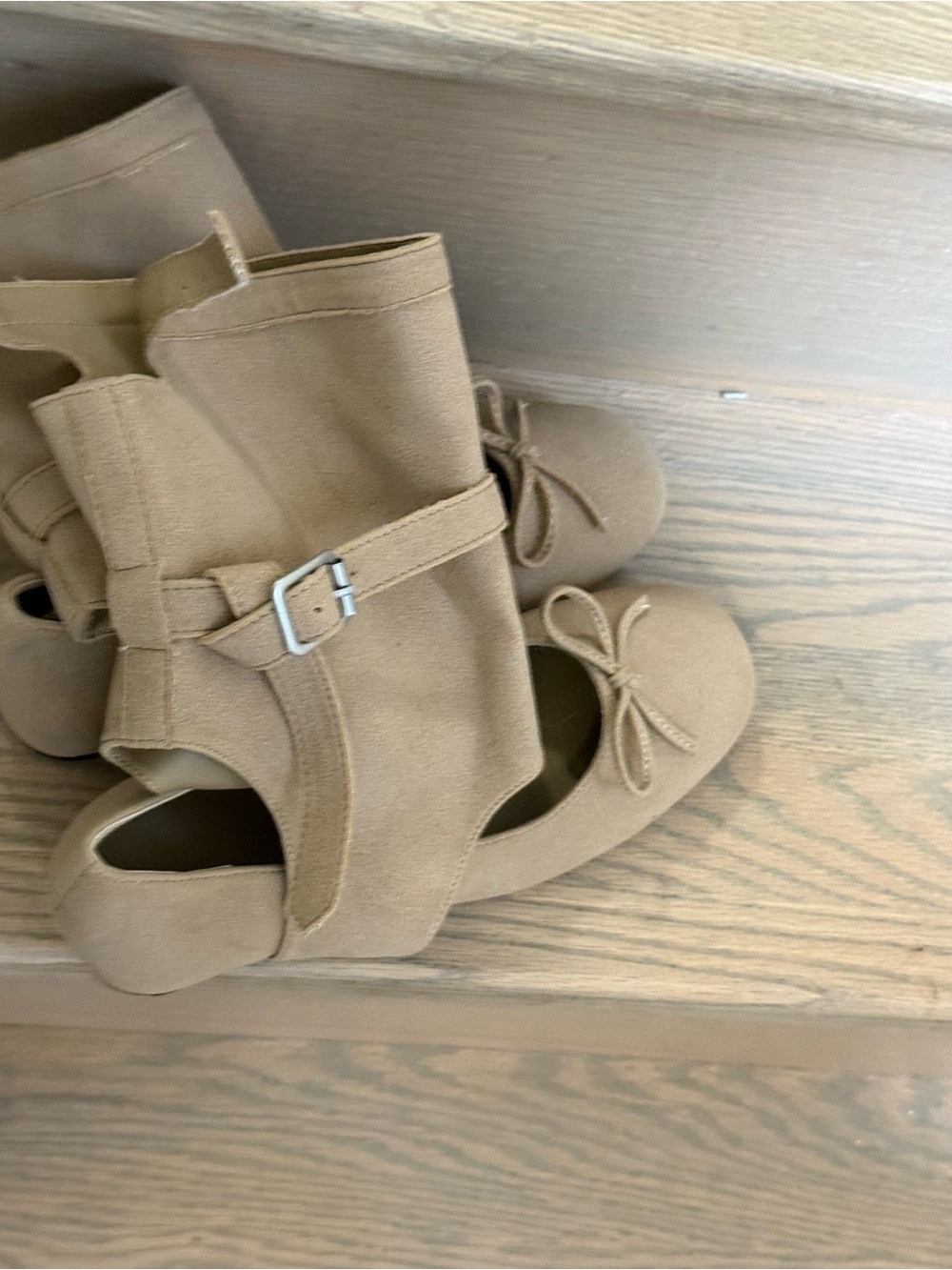 Tan Suede Bow Ballet Flats with Ankle Strap